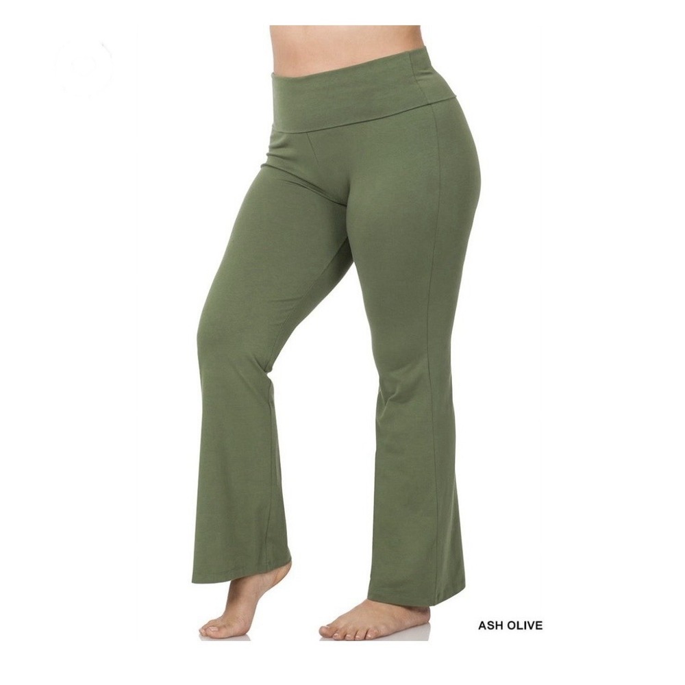 Womens Yoga Pants Flare Leg Long Fitness Foldover Waist Workout Gym Green 1X NEW